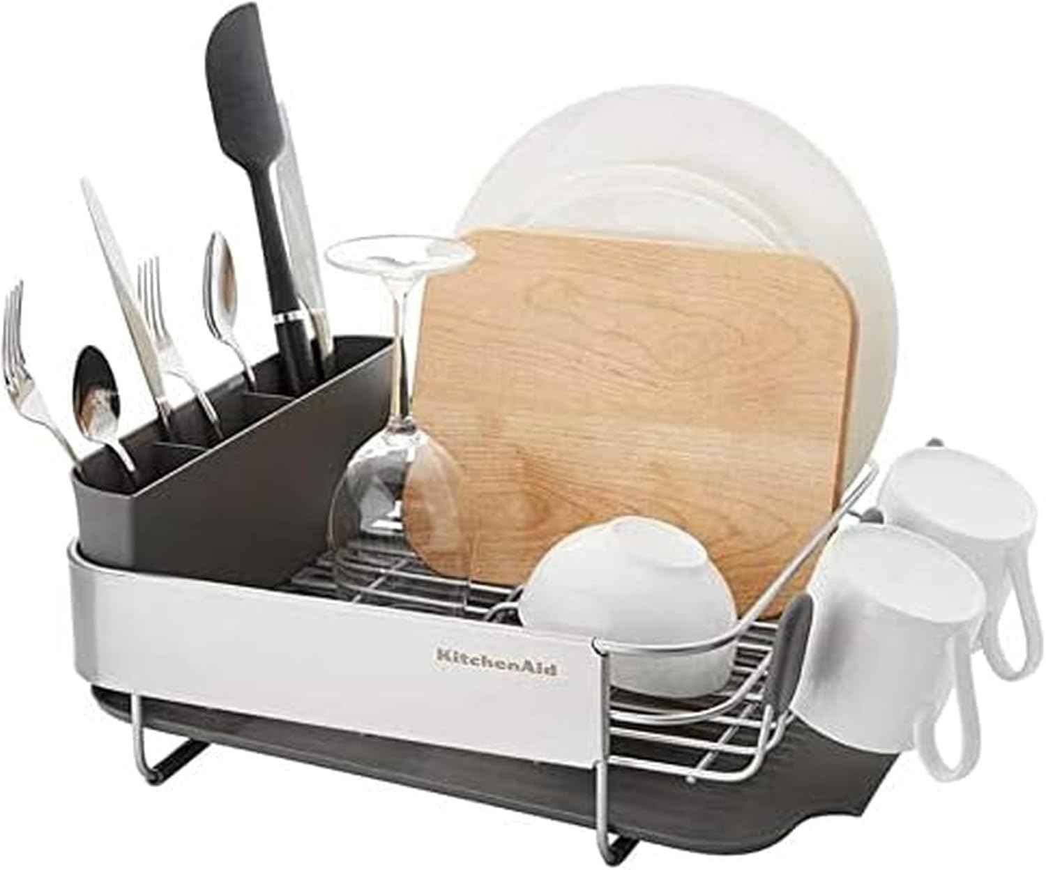 KitchenAid Compact, Space Saving Rust Resistant Dish Rack, with Angled Self Draining Drain Board and Removable Flatware Caddy, 16.06-Inch, Gray