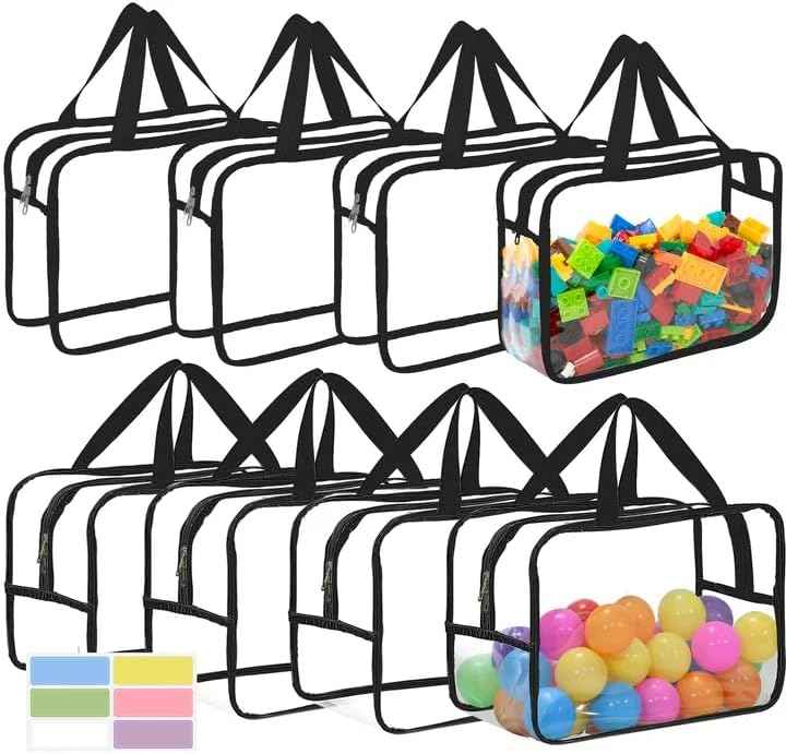 8 Packs Large Toy Storage Bags with Labels, Reusable Clear PVC Board Game Storage, Travel Waterproof Organizer Bags with Zipper for Building Blocks, Puzzle, Kids Books(4 large & 4 Extra Large)