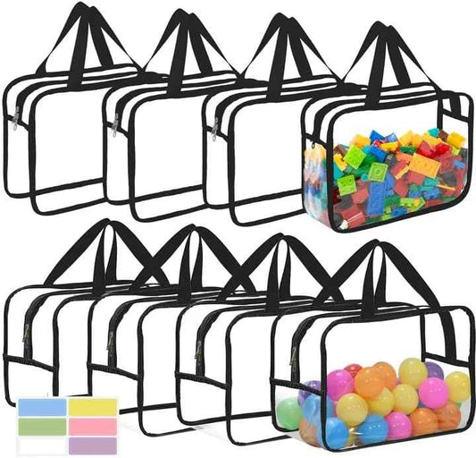 8 Packs Large Toy Storage Bags with Labels, Reusable Clear PVC Board Game Storage, Travel Waterproof Organizer Bags with Zipper for Building Blocks, Puzzle, Kids Books(4 large & 4 Extra Large)