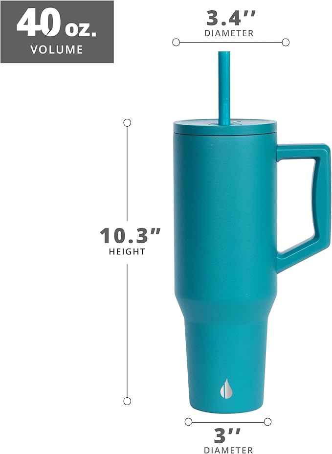 Elemental 40 oz Tumbler with Handle and Straw - Spill Proof Insulated Stainless Steel Commuter for Cold Beverages - Travel Coffee Mug with 2 Straws & Spill Proof Lid - 40oz - Teal