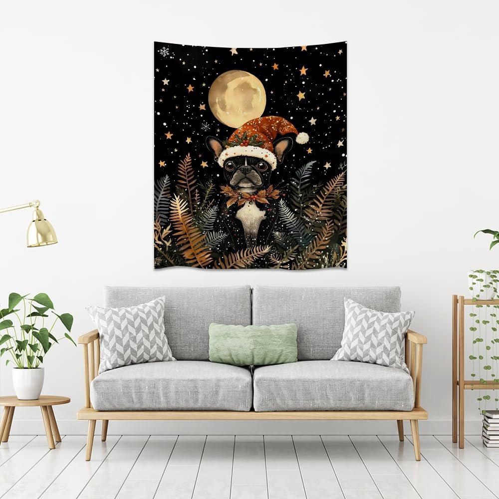 French Bulldog Christmas Tapestry Wall Hanging Cute Dog Santa Hat Moon Pictures Print Pet Lover Gift Funny Christmas Tapestries Aesthetic for Winter Home Nursery Kids Bedroom Decor 60x80inch