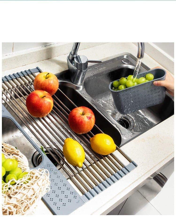 T.R. Stainless Steel Roll-Up Dish Drying Rack Over The Sink, 20" x 11", Foldable, Dishware & Utensil Holder