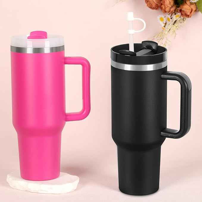 4 Pack 40 Oz Tumblers with Handle Bulk, Double Wall Vacuum Insulated Stainless Steel Tumblers with Lid and Straw, 40 oz Cup with Silicone Spill Proof Stopper Set (Black-2,Hot Pink-2)