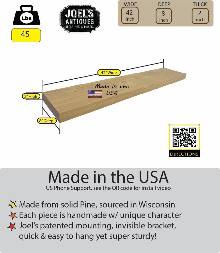 joelsantiques 42 Inch Wooden Floating Shelves for Wall - 42x8x2 in - Made of Natural Wood - Heavy Duty Rustic Wall Shelves Made in USA - Perfect for Living Room, Kitchen - Natural