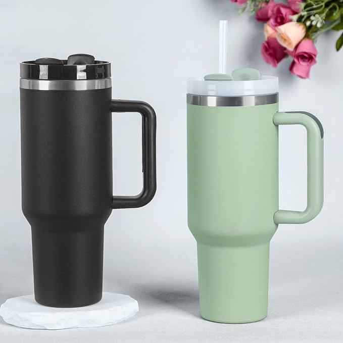4 Pack 40 Oz Tumbler with Handle Bulk, Double Wall Vacuum Insulated Stainless Steel Tumbler with Lid and Straw, 40 oz cup with Silicone Spill Proof Stopper Set (Dark Green)