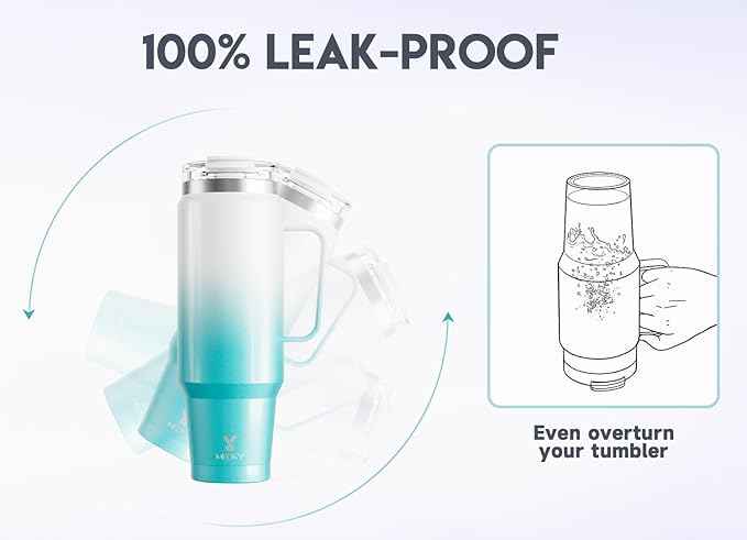 Meoky 40oz Tumbler with Handle, Stainless Steel Travel Mug with 2-in-1 Straw and Sip Lid, Vacuum Insulated Coffee Mug, 100% Leak Proof, Keeps Cold for 34 Hours or Hot for 10 Hours (Azure)