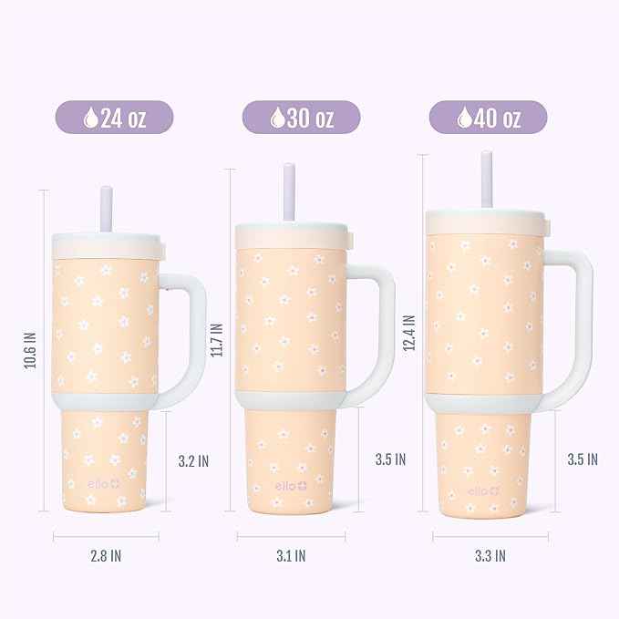 Ello Oasis 40 oz Tumbler with Handle & Retracting Straw | Reusable Insulated Stainless Steel Cup 100% Leakproof, Gifts for Teens Women Men | Keeps cold for 24 Hours, Cup Holder Friendly, Daisies
