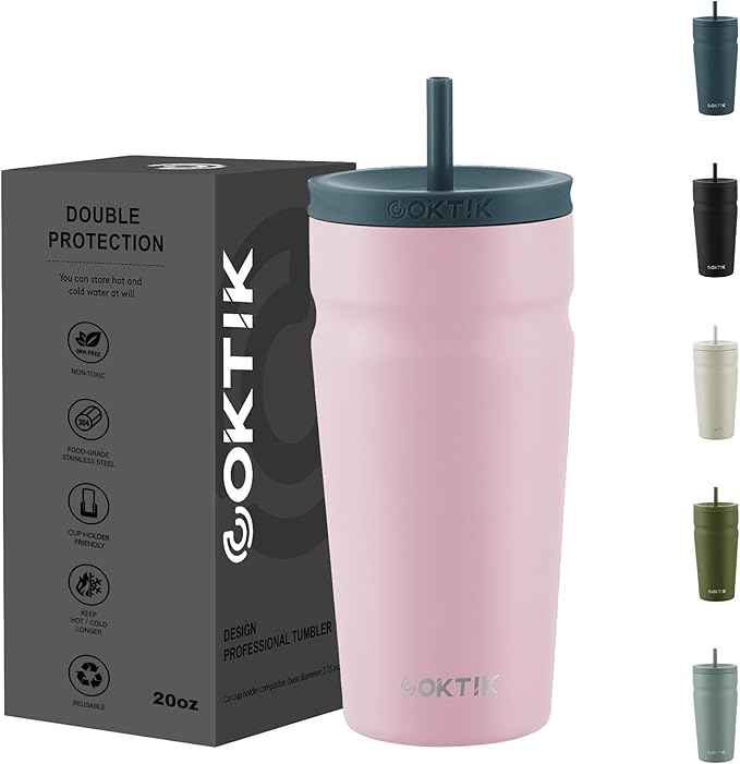 COKTIK 20oz Insulated Tumbler with Lid and Straw Iced Coffee Cup Reusable Stainless Steel Travel Mug Water Bottle Cupholder Friendly for Women Men Her Him (Blush)