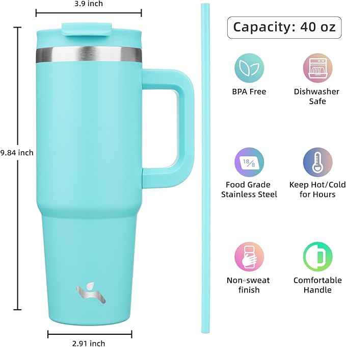 Konokyo 40 oz Tumbler with Handle and 2 Straws,2 in 1 Lid Insulated Water Bottle Stainless Steel Travel Coffee Mug,Turquoise