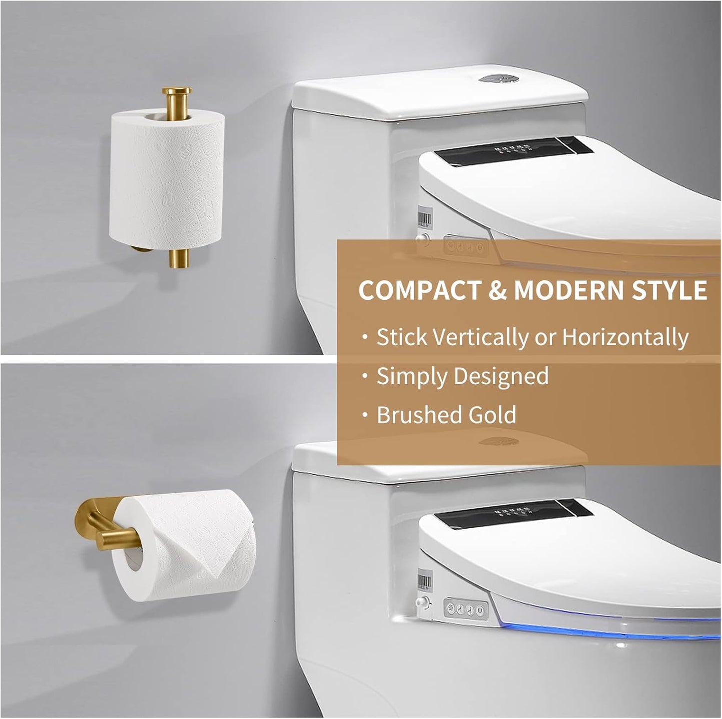 Toilet Paper Holder,Gold,Wall Mount, Upgraded Adhesive Toilet Roll Holder,no Drilling,Bathroom/Rv/Washroom,SUS 304 Stainless Steel,Rustproof (Gold, 1 Piece)