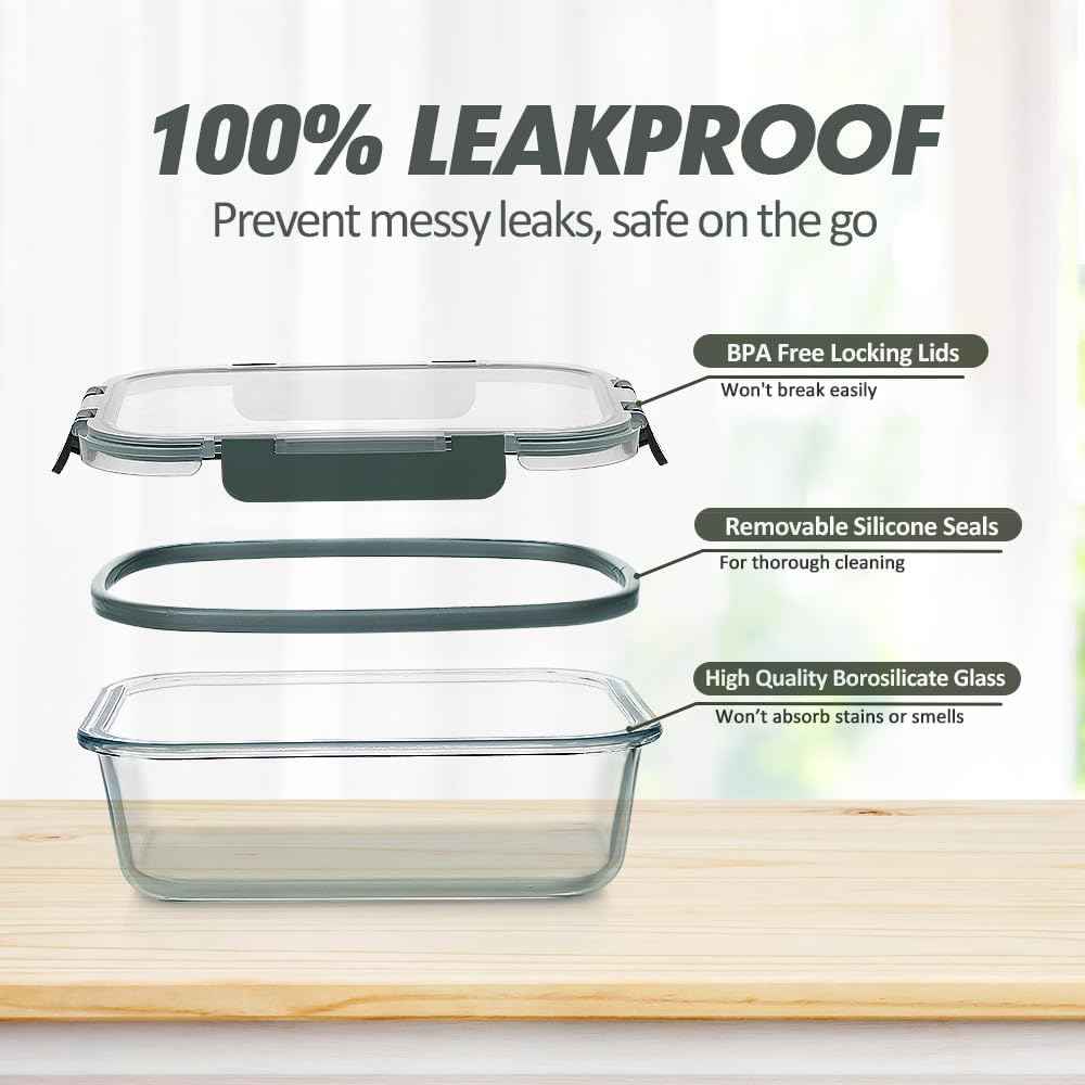 VERONES 12 Packs Glass Food Storage Containers Set, Airtight Glass Lunch Containers, Glass Meal Prep Containers with Lids,Exclusive of BPA, for Microwave, Oven, Freezer & Dishwasher Friendly,Grey