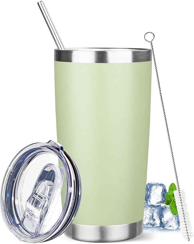 20 oz Tumbler with Lids and Straws, Stainless Steel Insulated Travel Coffee Mug, Double Wall Vacuum Insulated Tumblers, Powder Coated Coffee Tumbler for Cold & Hot Drinks (Green Tea)