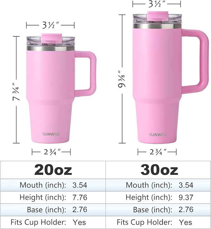 SUNWILL Travel Coffee Mug with Lid, 20 oz Tumbler with Handle and Straw Leak Proof, Stainless Steel Cup Insulated for Office & Gym, Cupholder Friendly, Powder Coated Pink