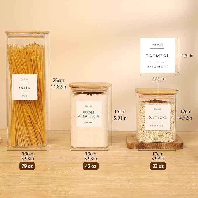 5 Pack Square Glass Pantry Storage Containers with 132 Kitchen Food Pantry Labels - Clear Glass Pantry Jars with Airtight Wood Bamboo Lids - Glass Canisters for Pasta, Cereal, Coffee, Flour, Sugar