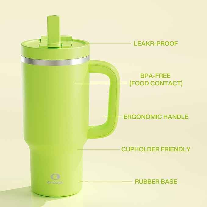 32 oz Tumbler with Handle and Straw: Stainless Steel Insulated Tumbler Keeps Cold for 24 Hours, Leakproof Travel Cup Fits in Cup Holder and BPA-Free,Sharp Green