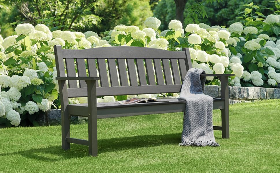 Psilvam 3-Person Outdoor Memorial Bench, All-Weather Poly Lumber Garden Bench, Rot-Resistant Outdoor Patio Bench for Park,Porch,and Church(Grey)