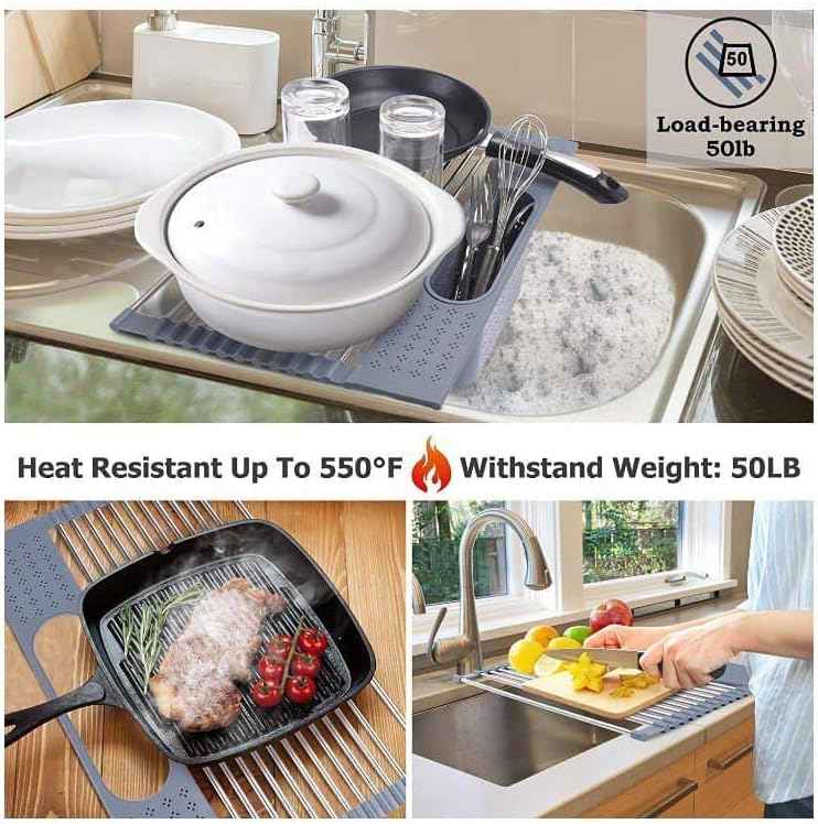 T.R. Stainless Steel Roll-Up Dish Drying Rack Over The Sink, 20" x 11", Foldable, Dishware & Utensil Holder