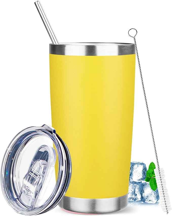 20 oz Tumbler with Lids and Straws, Stainless Steel Insulated Travel Coffee Mug, Double Wall Vacuum Insulated Tumblers, Powder Coated Coffee Tumbler for Cold & Hot Drinks (Yellow)