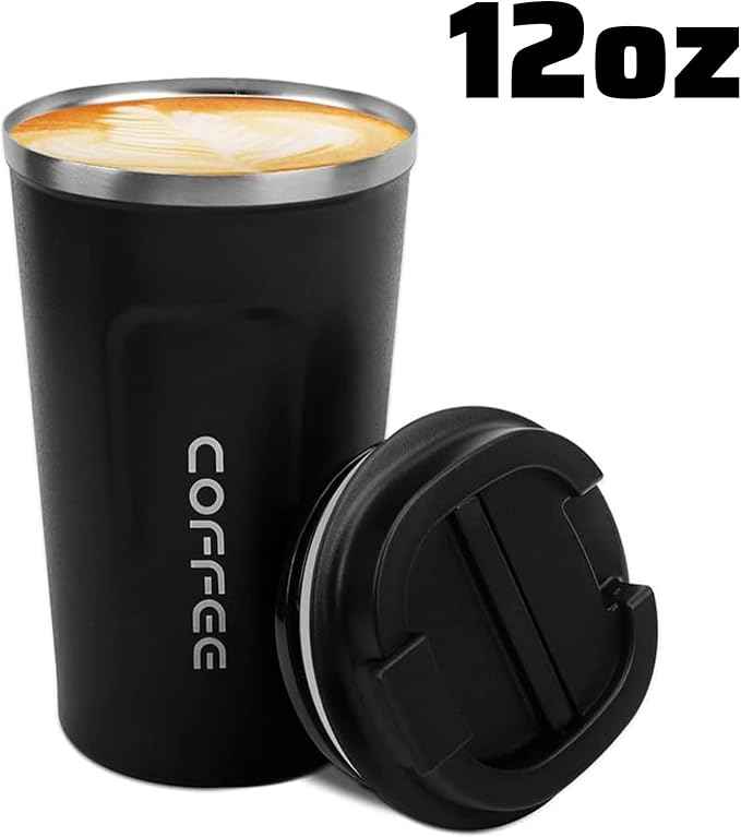 MOMSIV 12oz Travel Mug, Insulated Coffee Cup with Leakproof Lid, Vacuum Stainless Steel Double Walled Reusable Tumbler for Hot and Cold Water Coffee and Tea In Travel and Car Black