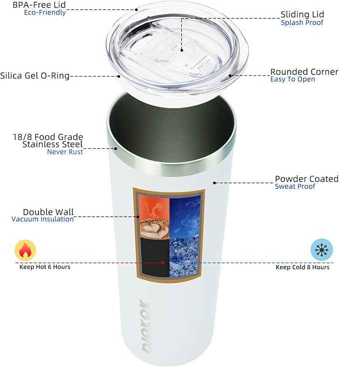 BJPKPK Skinny Tumbler with Lid 20 oz Stainless Steel Vacuum Insulated Double Wall Travel Coffee Water Tumblers Cup,White