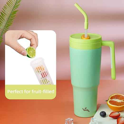 Konokyo Insulated Tumbler with Handle and Straw,40 OZ Vacuum Stainless Steel Water Bottle Travel Mug Metal Cup with Fruit Diffuser,Night Gray