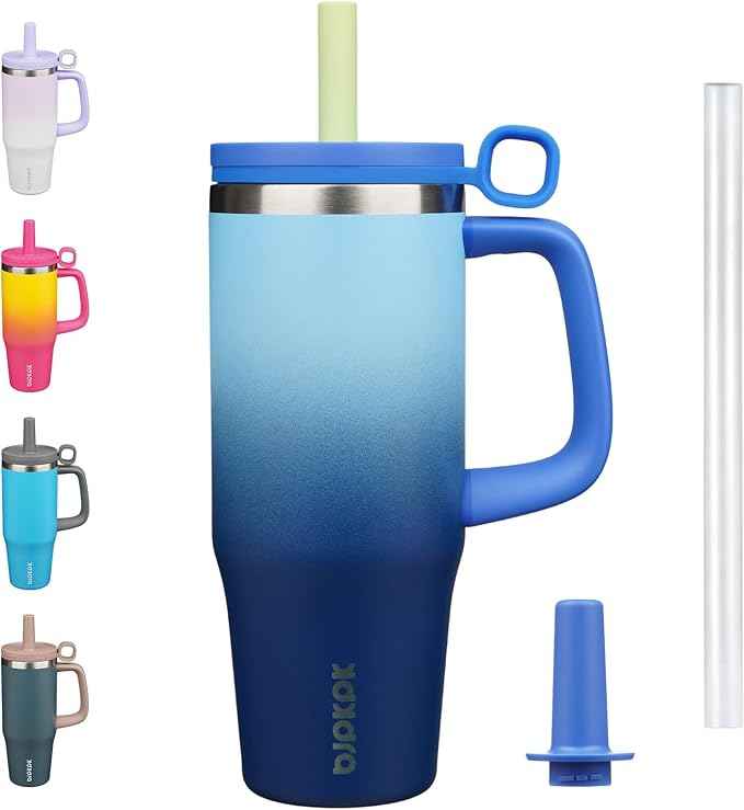 BJPKPK 32oz Stainless Steel Insulated Tumbler with Handle and Straw Travel Coffee Mug Thermal Cups with Lid,Sky