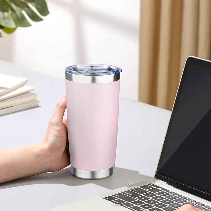 20oz Tumbler with Lid Double Wall Vacuum Insulated Travel Coffee Mug Stainless Steel Thermal Cup Powder Coated Sturdy Coffee Tumbler Bulk for Hot and Cold Beverage (Pink,1)