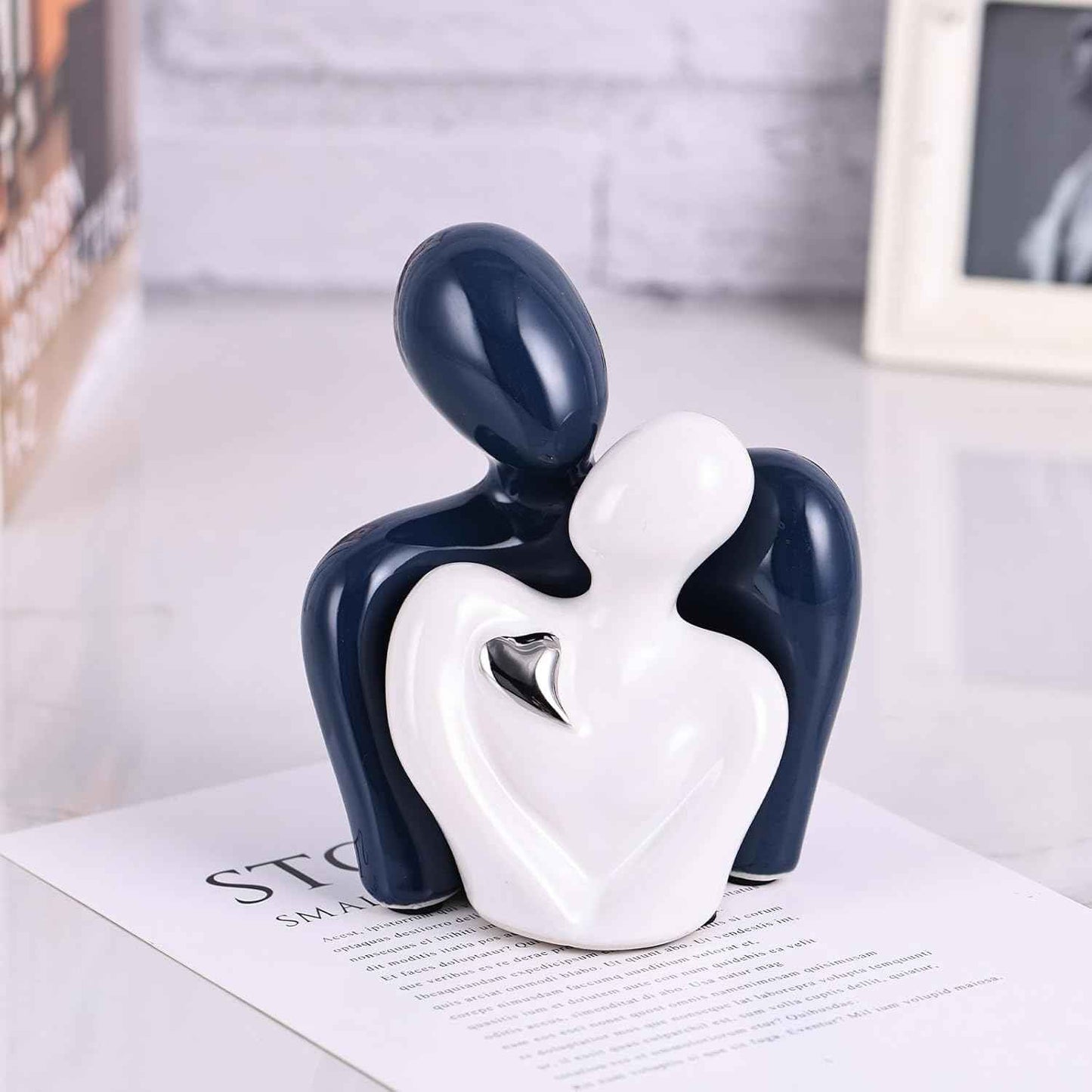 Mini Couple Ceramic Small Statue, Romantic Couple Figurine for Home Decor, Tv Stand, Living Room Nick nacks, Dresser for Bedroom, Shelves, Valentine, Items for Wedding Decor (Blue White and Silver)