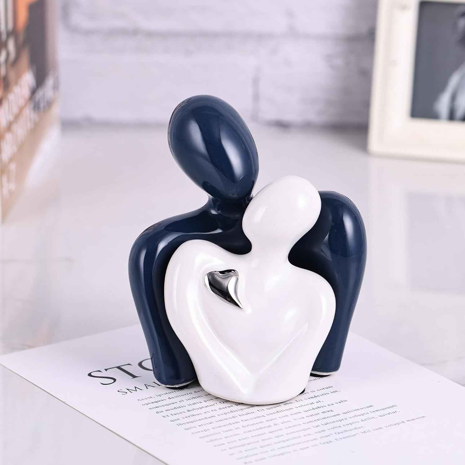 Mini Couple Ceramic Small Statue, Romantic Couple Figurine for Home Decor, Tv Stand, Living Room Nick nacks, Dresser for Bedroom, Shelves, Valentine, Items for Wedding Decor (Blue White and Silver)