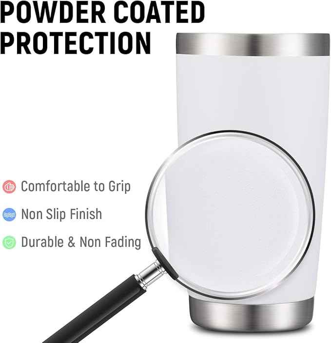 COMOOO 20oz White Tumbler Double Wall Vacuum Insulated Travel Mug Stainless Steel Coffee Mug with Lid and Straw Durable Powder Coated Insulated Coffee Cup for Cold & Hot Drinks (White,12 pack