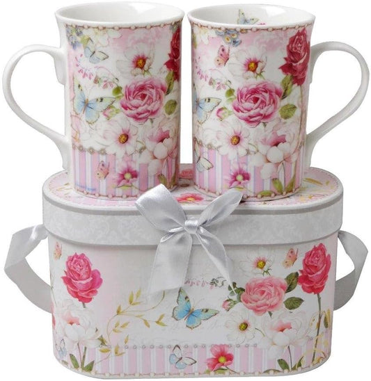 Lightahead Elegent Bone China 2 Coffee Tea Mugs set floral Design in attractive gift box 11 oz each