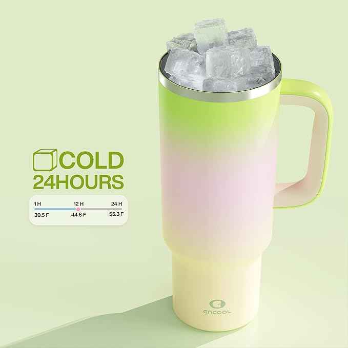 ENCOOL 40 oz Tumbler with Handle and Straw: Stainless Steel Insulated Tumbler Keeps Cold for 24 Hours, Leakproof Travel Cup Fits in Cup Holder and BPA-Free, Morning Dew