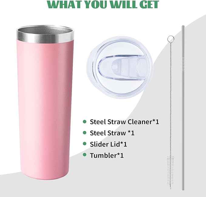 20 oz Skinny Tumbler with Lid and Straw,Stainless Steel Vacuum Insulated Tumbler Cup Double Wall Leak-proof Coffee Mug,Travel Thermal Water Tumbler for Home,Office,Outdoor (Pink,1)