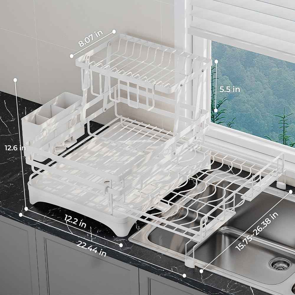 2 Tier Large Dish Drying Rack - Extendable Dish Rack, 2-in-1 Anti-Rust Stainless Steel Dishrack for Kitchen Counter and Sink, Dish Strainer with Utensil Holder & Cup Holder(White)