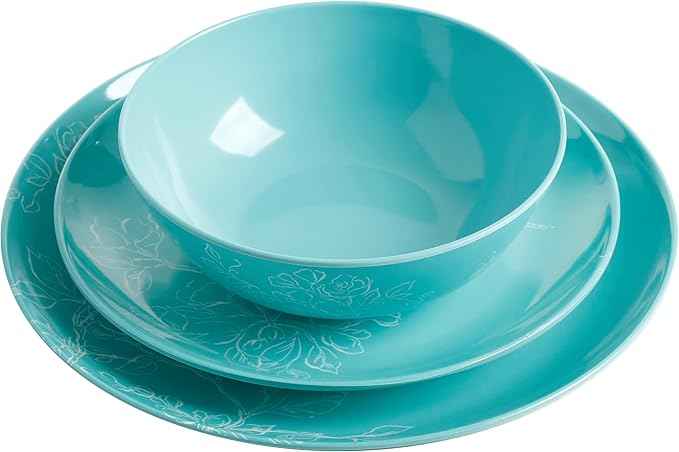 Martha Stewart Dragonfly 12 Piece Decorated Melamine Dinnerware Set - Teal