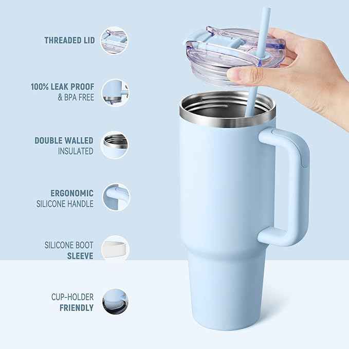 COKTIK 40 oz Tumbler With Handle and Straw, Insulated Tumbler With Leakproof Lids, Stainless Steel|BPA-Free, Cold for 24 H (Silent Sky)