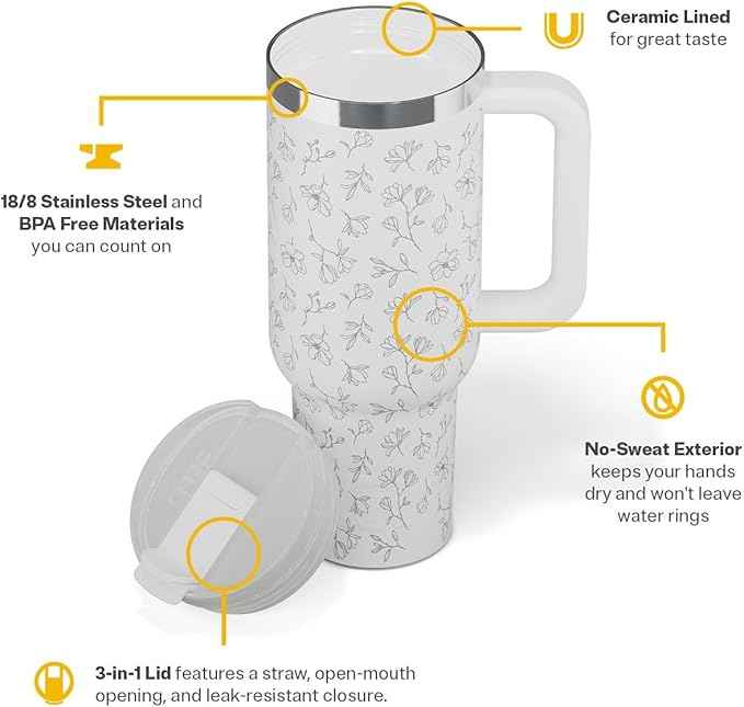 RTIC 40 oz Road Trip Tumbler Double-Walled Cermaic Lined Insulated Stainless Steel Portable Travel Coffee Mug Cup with Lid, Handle and Straw, White Magnolias