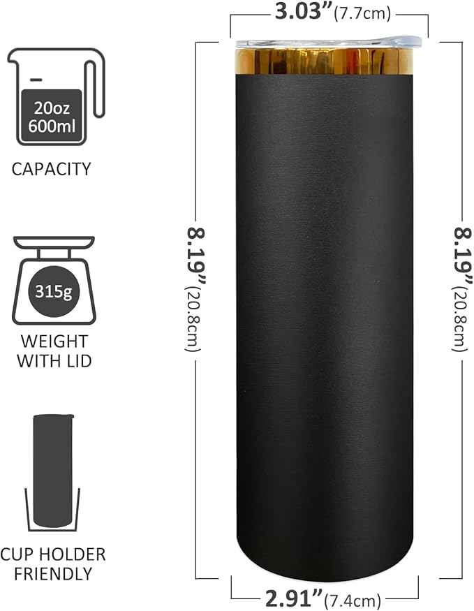 20 oz Skinny Tumblers Stainless Steel Tumbler with Lid and Straw Double Wall Vacuum Insulated Coffee Mug 20oz Powder Coated Cup for Hot and Cold Drinks(Black,4 pack)