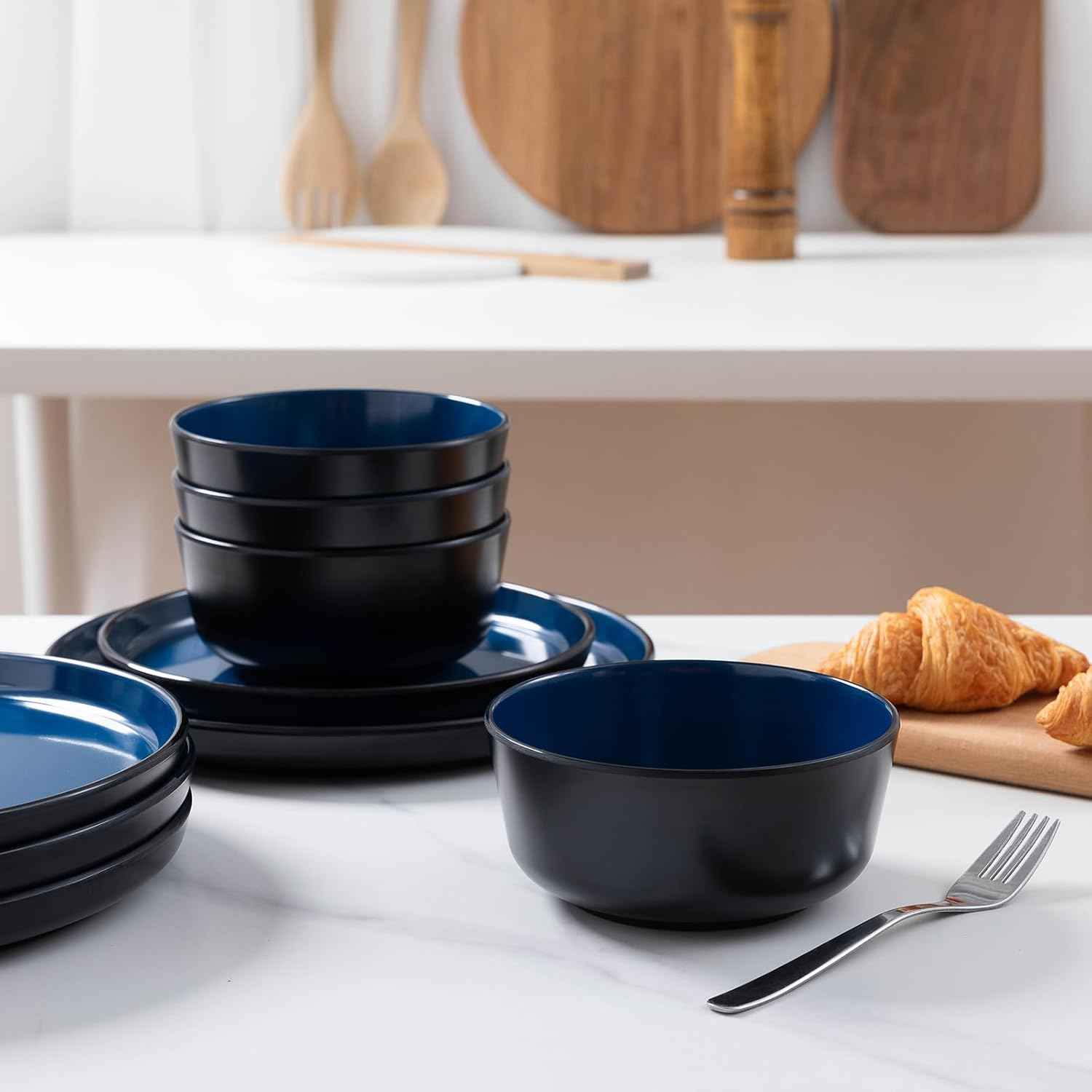 Melamine Dinnerware Sets, 12 Pcs Unbreakable Plates and Bowls Set, Outdoor Dinnerware RV and Camper Dishes Sets for 4, Kitchen Dishes Set for Entertaining, Black and Blue