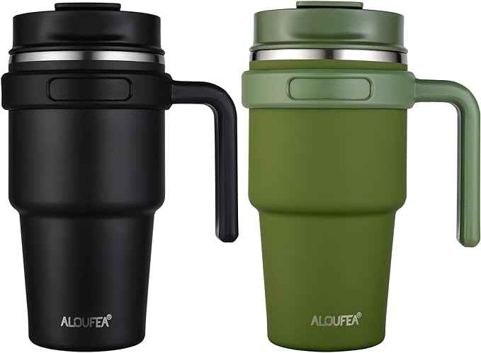 20 oz Insulated Coffee Mug Tumbler with Handle, Stainless Steel Travel Mug Tumbler with Lid and Straw,Double Wall Vacuum Leak Proof Ice Coffee Thermal Cup, Black and Army Green