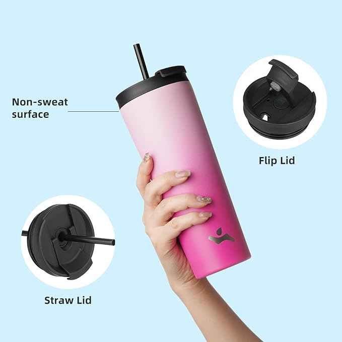 Konokyo 34 OZ Insulated Tumbler with Lid and 2 Straws Stainless Steel Water Bottle Vacuum Travel Mug Coffee Cup,Cherry