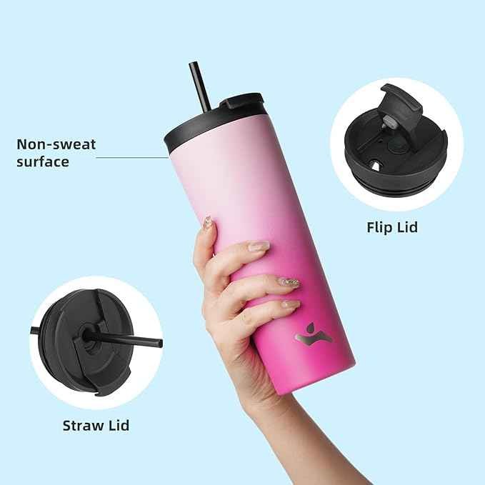 Konokyo 18 OZ Insulated Tumbler with Lid and 2 Straws Stainless Steel Water Bottle Vacuum Travel Mug Coffee Cup,Cherry