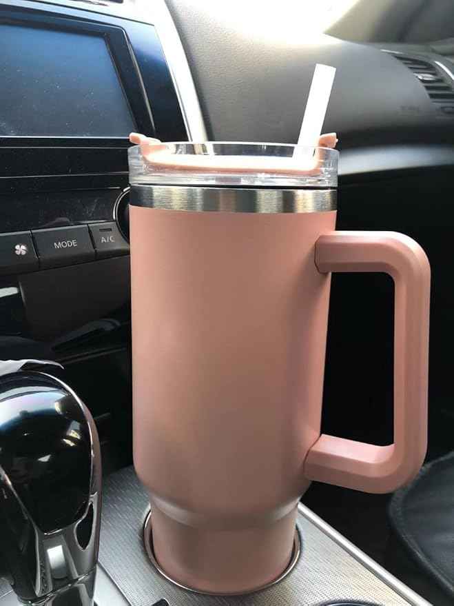 40oz Insulated Travel Mug Tumbler With Handle and Straw,Stainless Steel Double Wall Vacuum Cup Keep Drink Cold and Hot (Rose red)