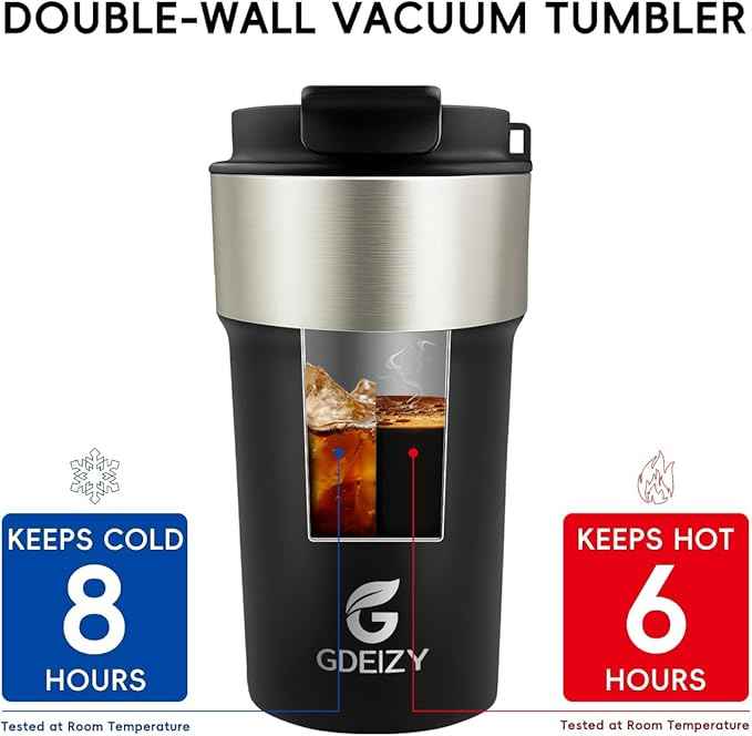 Insulated Coffee Mug, 17oz Stainless Steel Travel Mug with Flip-Top Straw Lid, Leak Proof Vacuum Insulated Tumbler, Reusable Coffee Cup for Hot & Cold Drinks, Black