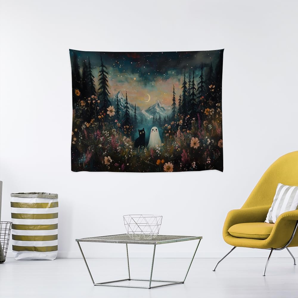 Whimsical Halloween Tapestry Wall Hanging Ghost and Black Cat in Magical Forest Wildflowers Meadow Tapestry Art Print Charming Spooky Fall Season Tapestries for Living Room Bedroom Decor 50x60inch