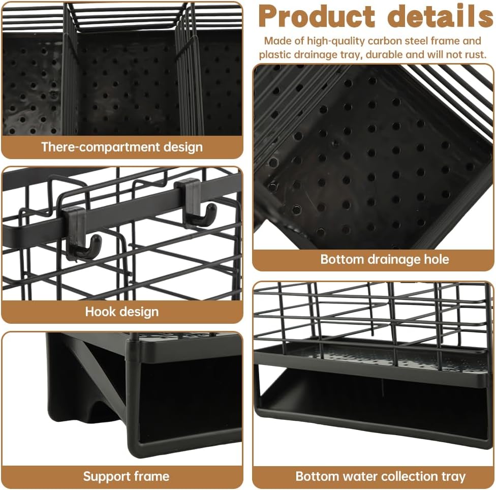 3-Compartment Dish Drying Rack for Kitchen, Carbon Steel Utensil Holder with Drain Tray, Utensil Caddy Organizer for Knives, Forks, Spoons, Chopsticks, Wall Mount or Countertop(COLOR:Black)
