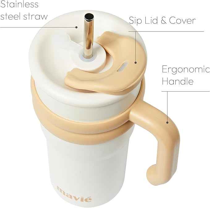 24oz Tumbler With Handle & Metal Straw + Silicone Cover & Sip Spout, Double Insulated Stainless Steel Water Bottle With Rubber Base, Leakproof, Cup Holder Friendly Travel Coffee Mug (Beige)