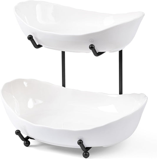 HBlife Fruit Bowl for Kitchen Counter - 2 Tier Ceramic Fruit Rack, Fruit Basket for Fresh Fruit&Veggies, Tiered Fruit Platter Serving Trays for Party