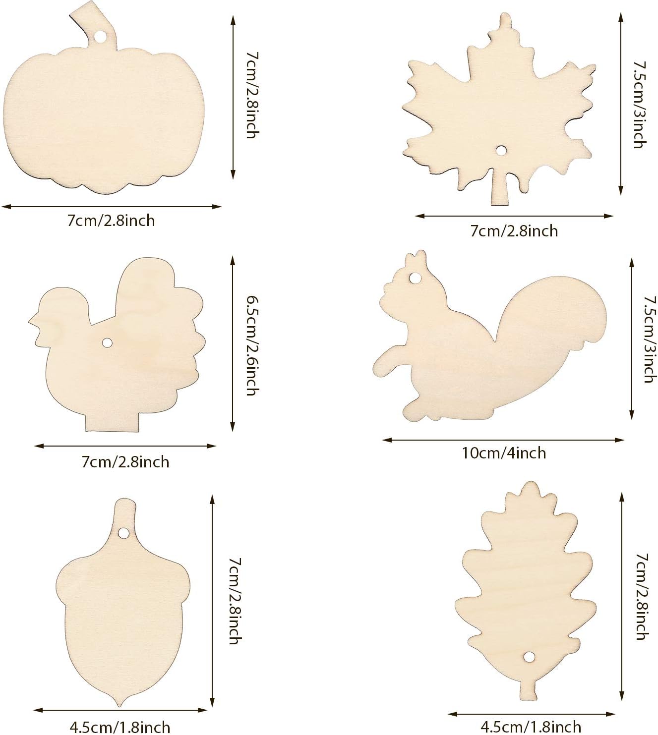 60 Pieces Fall Thanksgiving Unfinished Wooden Ornaments Maple Leaves Pumpkin Wood Cutout Squirrel Acorn Blank Wooden Ornament for Thanksgiving Party DIY Decor Supplies, 6 Styles