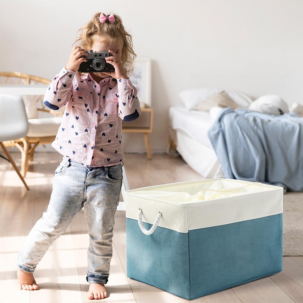 TheWarmHome Storage Bin for Shelves - Extra Jumbo 3 Pack 20.5L×15.7W×13.8H Storage Basket for Organizing, Fabrin Storage cubes with Drawstring Cover for Living Room Bedroom Decor Closet（White & Green